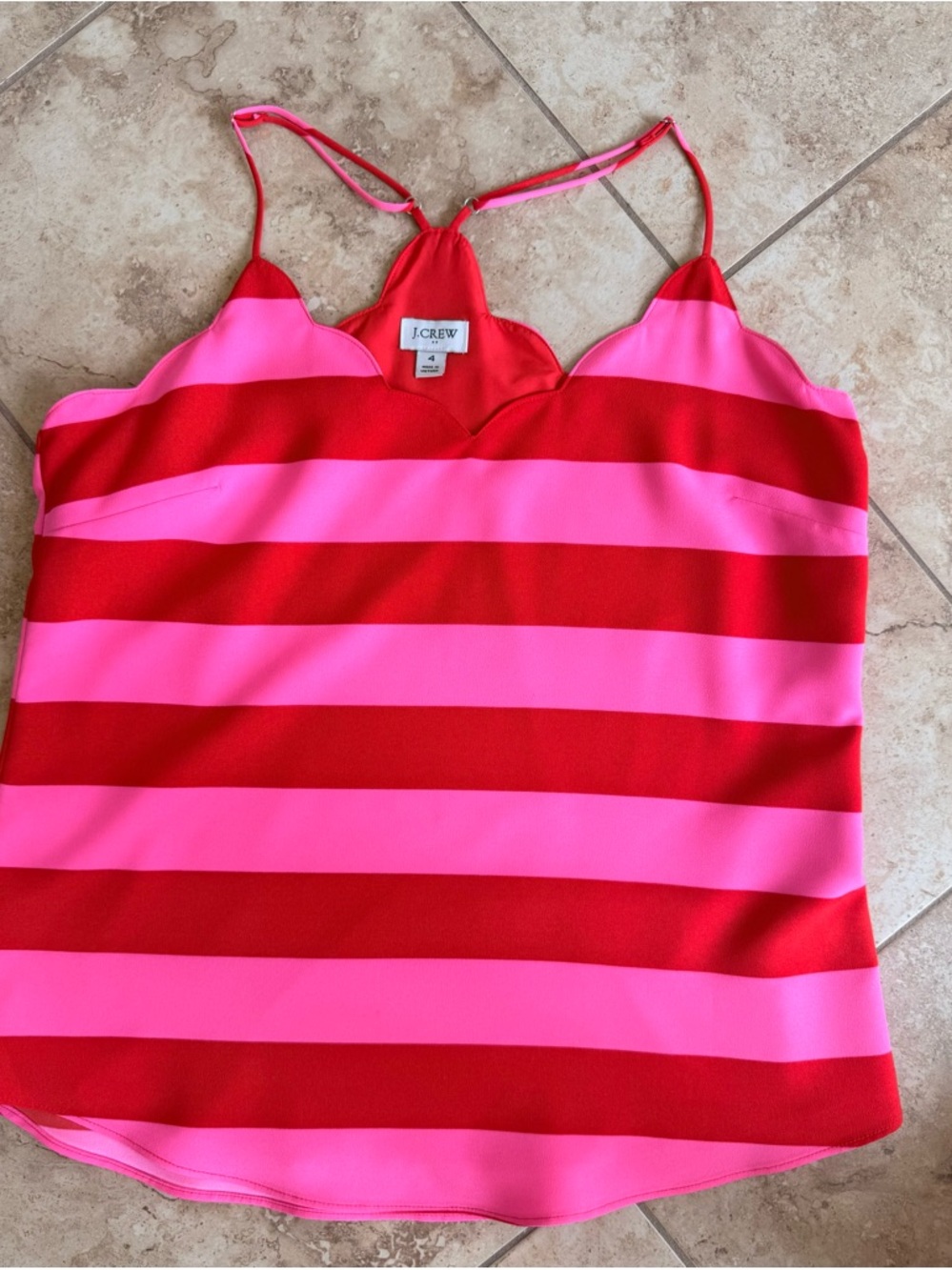 J. Crew Red and Pink Striped Cami with Scalloped Neckline